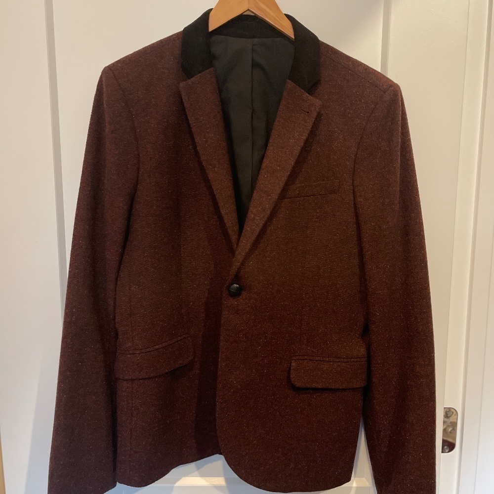 Vintage Topman Dinner Jacket  - Maroon/Burgundy/Black, Tweed and Suede - 38R